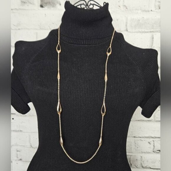 Gold-Tone Long Open Teardrop Station Necklace – Modern Minimalist Chain - Picture 2 of 4